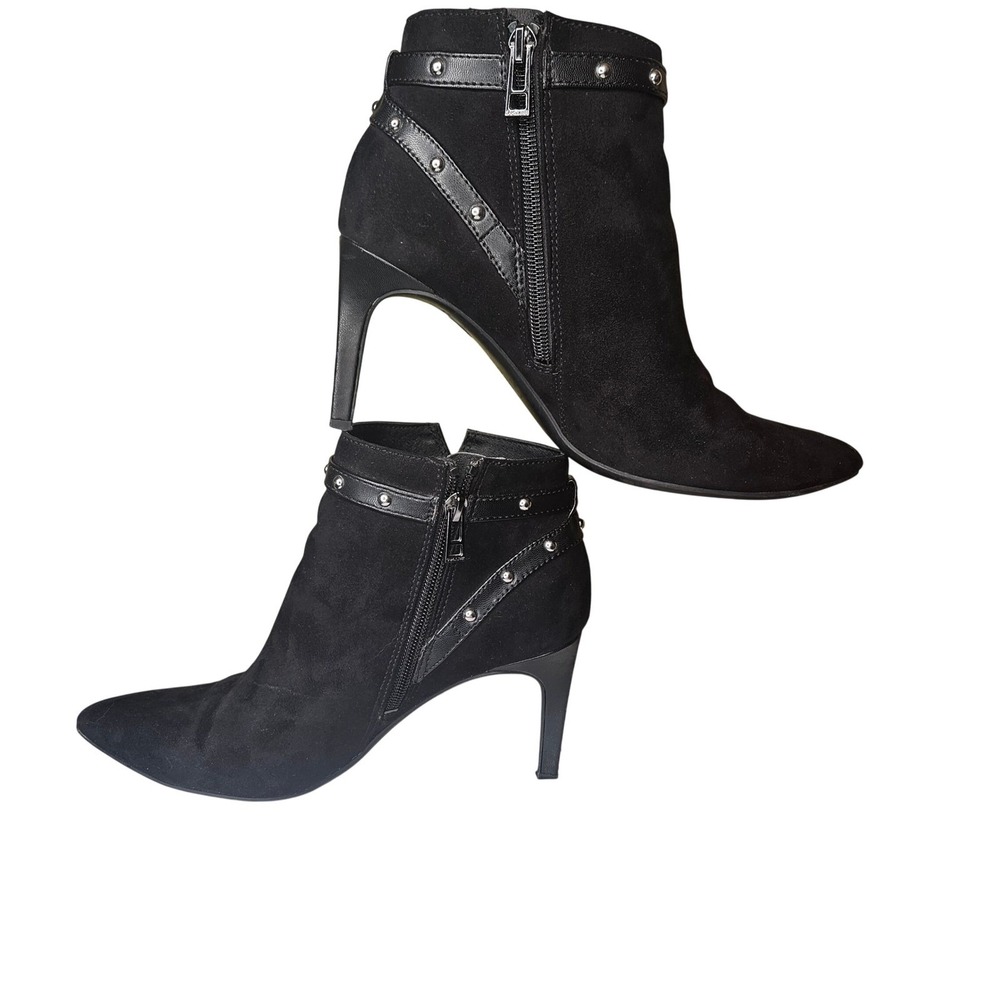Black Suede Fairy Whimsigoth Studded Zip Pointy Heeled Boots 7.5‎